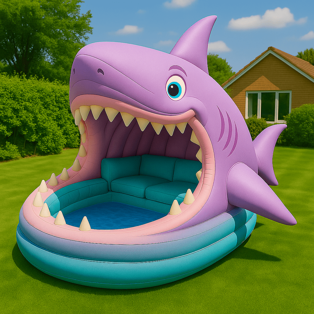 Playful purple shark-shaped inflatable sofa with turquoise seating, set in a garden