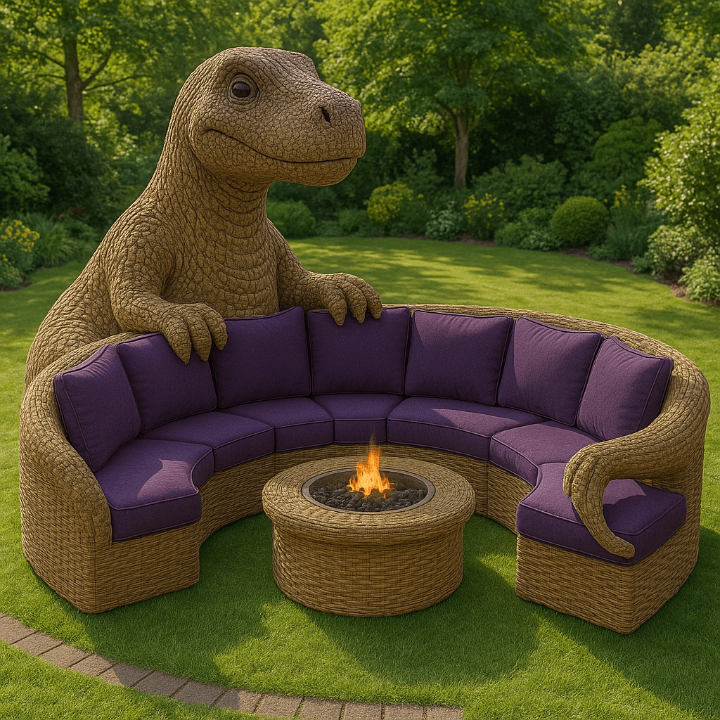 Dinosaur-shaped rattan garden sofa with rich purple cushions and a central fire pit on green lawn.