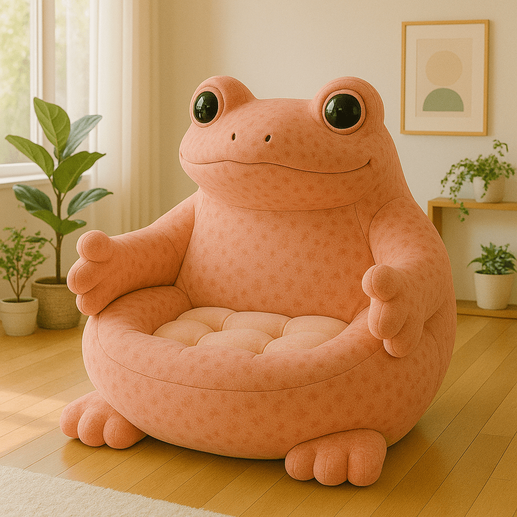 Large peach-coloured frog-shaped armchair with outstretched arms and cushioned seat.
