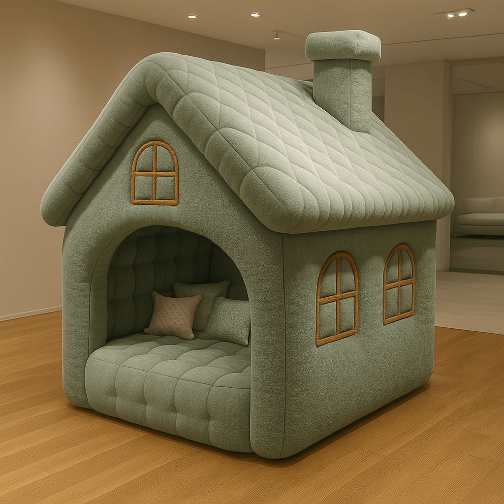 Sage green house-shaped lounge chair with window details and padded interior in a wooden-floored room