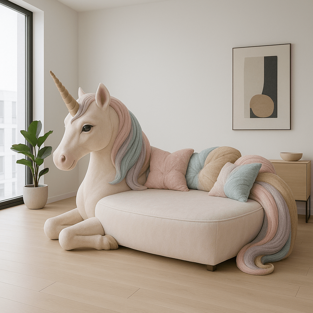 Light blush unicorn-shaped plush sofa with pastel rainbow mane and soft coloured cushions in a serene room.