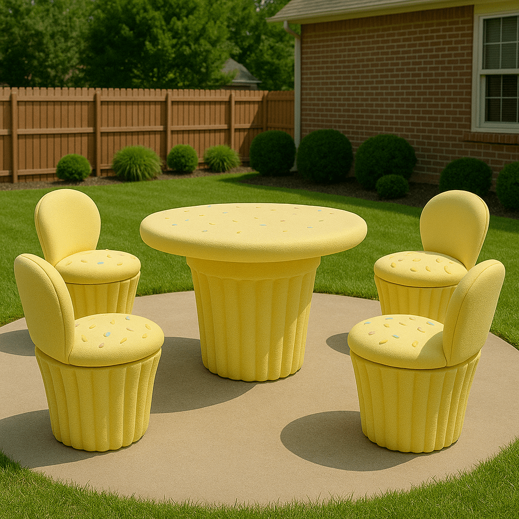 Bright yellow cupcake-themed garden table and chairs set with sprinkle detailing in a sunny backyard