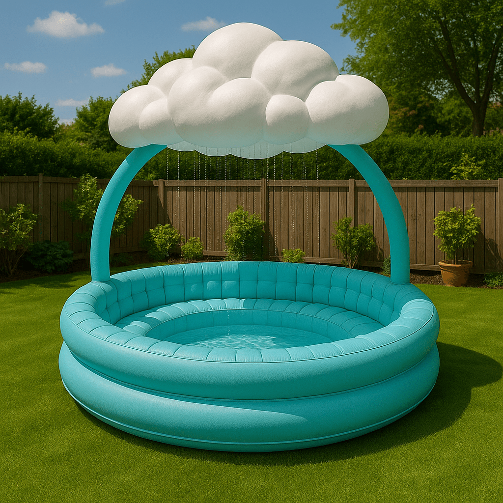  Bright turquoise inflatable pool with cloud arch sprayer set up in a green back garden