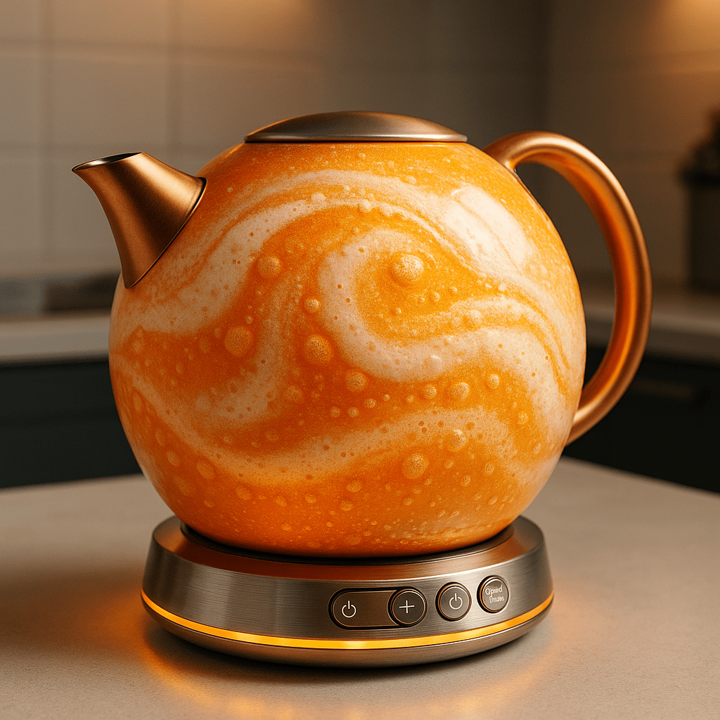Swirl-pattern kettle in orange and white with a metallic spout and glowing orange base.