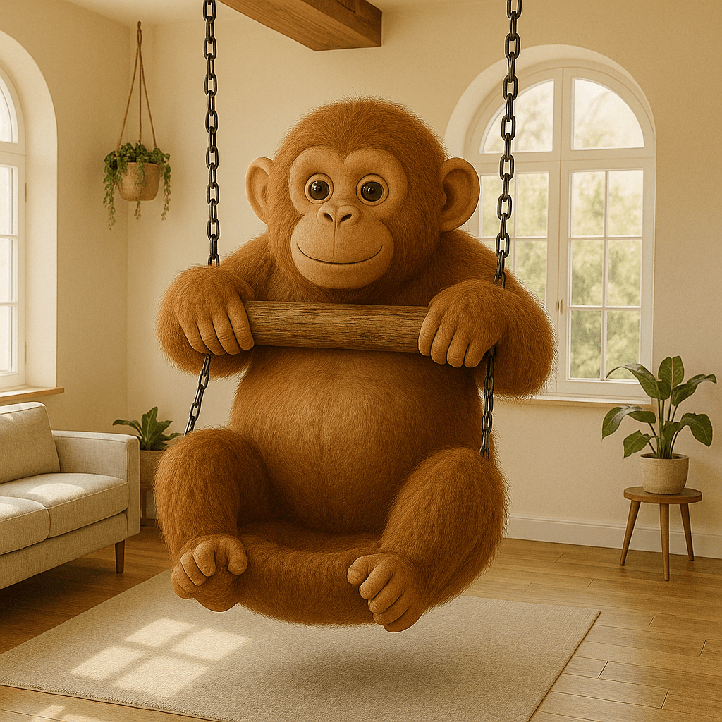 A cute orange monkey swing chair with a happy expression, hanging indoors in a child-friendly room.