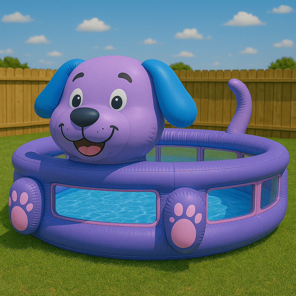 Purple inflatable dog paddling pool with smiling face and blue ears on green lawn