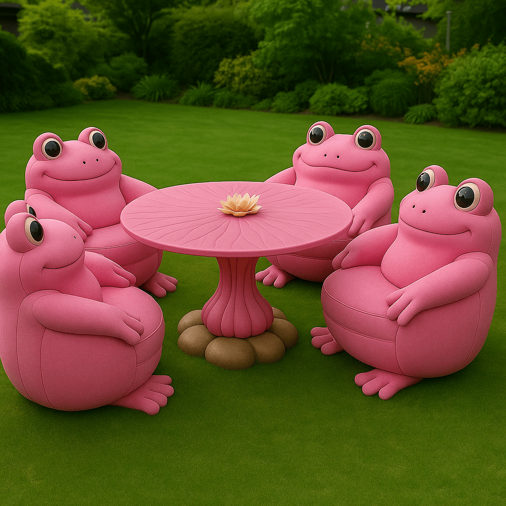 Set of pink frog-shaped chairs around a pink flower-inspired table in garden setting