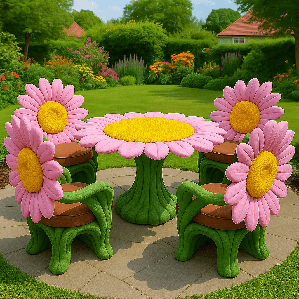  Oversized garden table and chairs with soft pink petals and yellow centres in a colourful backyard