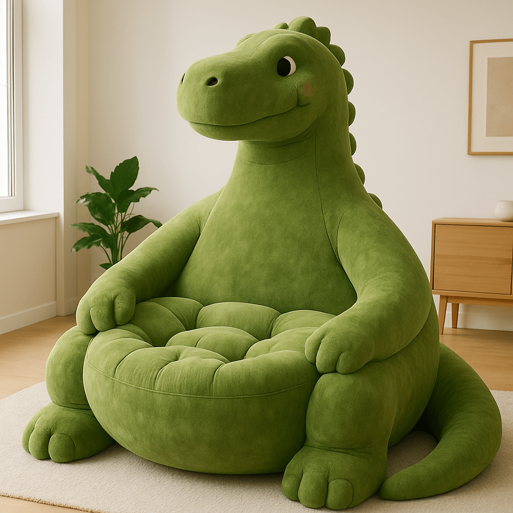 Large green dinosaur-shaped plush armchair with rounded arms and tufted seat in a modern room