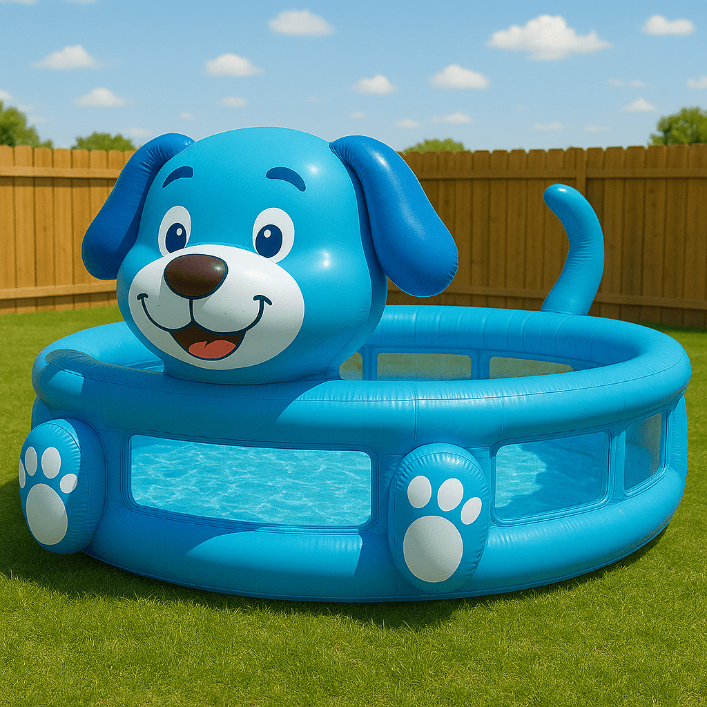 Blue inflatable dog paddling pool with happy face and paw prints in a sunny garden