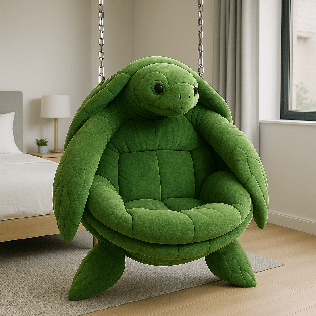 Plush green turtle-shaped hanging chair suspended in a bright bedroom