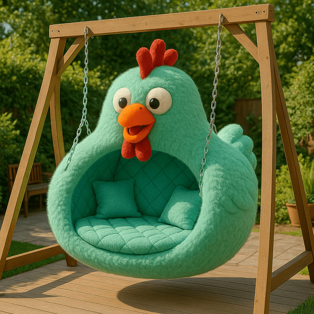 Mint green chicken-themed hanging chair with quilted seat and pillows in garden