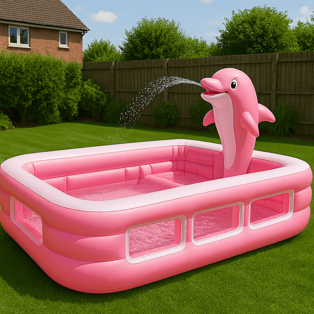  Inflatable pink dolphin paddling pool with dolphin fountain and seating, perfect for garden summer fun.