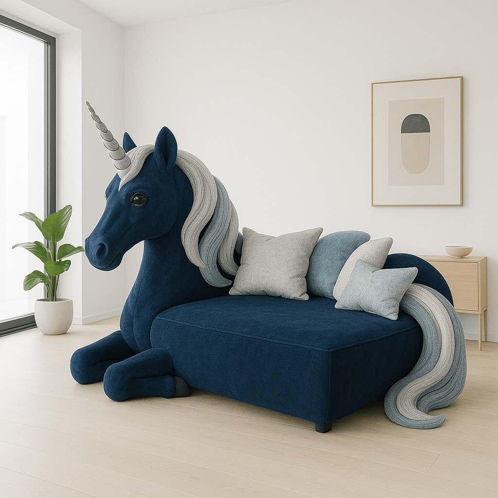 Regal navy blue unicorn-shaped plush sofa with silver grey mane and matching pastel cushions.