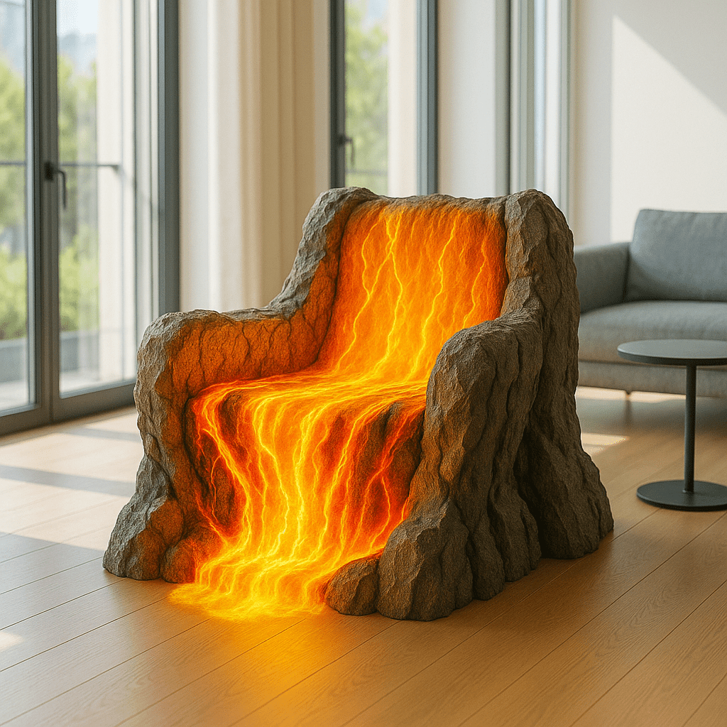 Chair made of rock with vivid orange lava-like illumination flowing down the seat
