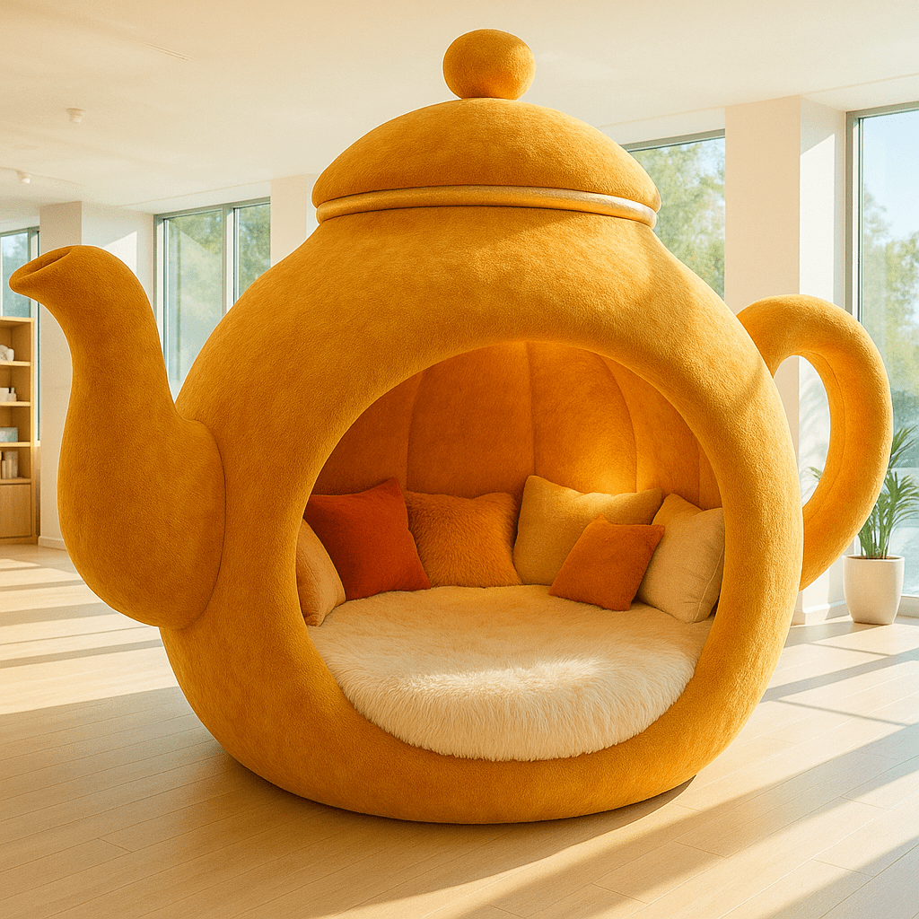 Bright yellow teapot bed featuring plush cushions and soft lighting