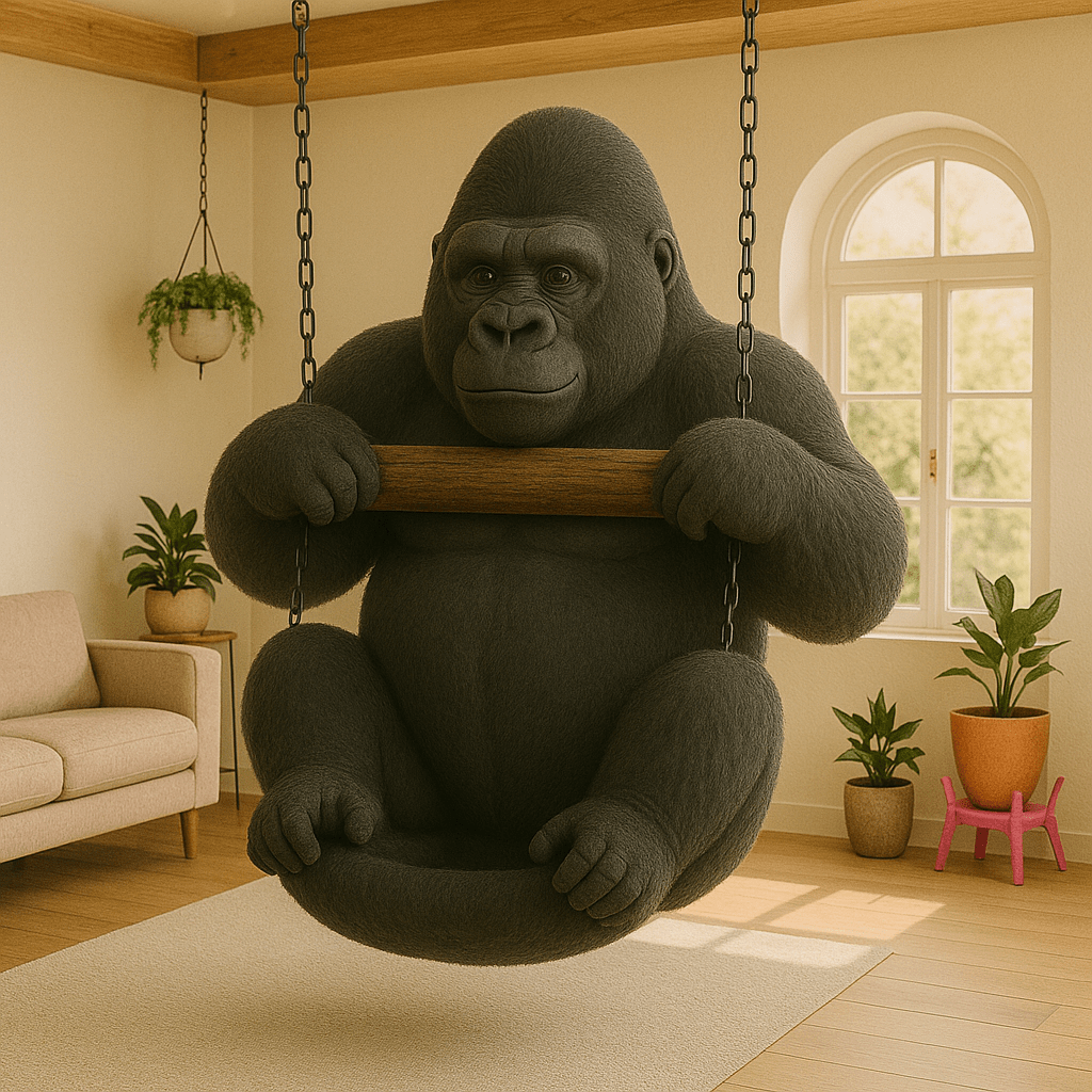 A soft, oversized gorilla-shaped swing chair suspended by chains in a cosy indoor setting.