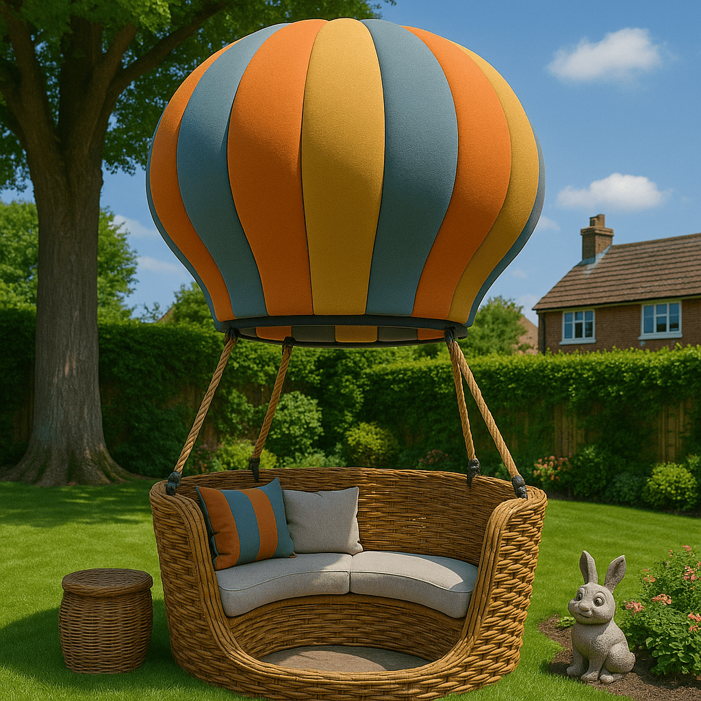 An orange and slate blue hot air balloon garden sofa with coordinating cushions and wicker base on a manicured lawn.