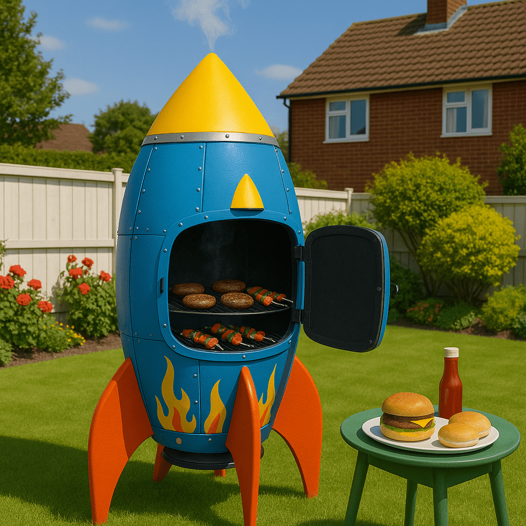  A novelty rocket BBQ grill in blue with red and yellow accents, grilling food in a green garden.