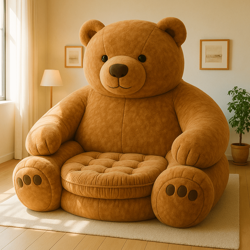 A large caramel brown teddy bear-shaped armchair placed in a bright, minimal living space.