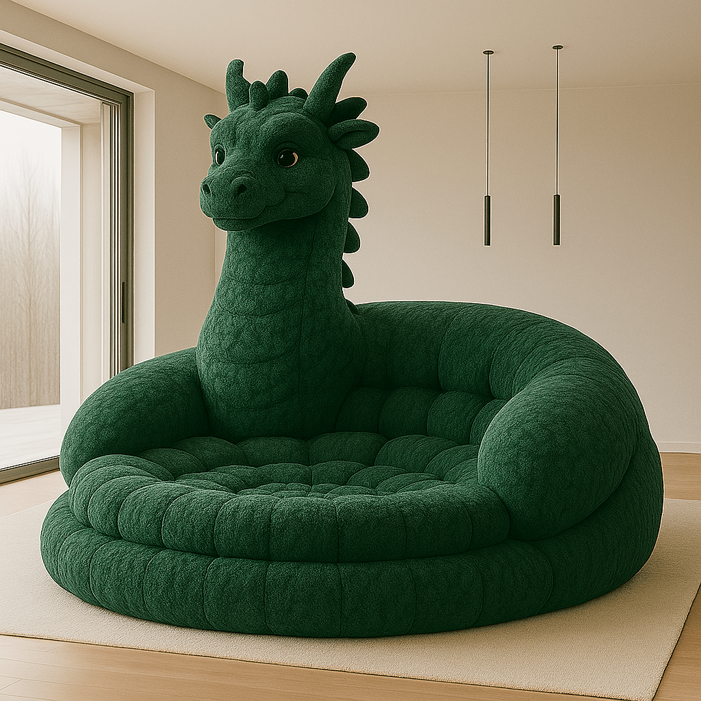 Oversized forest green dragon-shaped sofa in a minimalist room with natural light