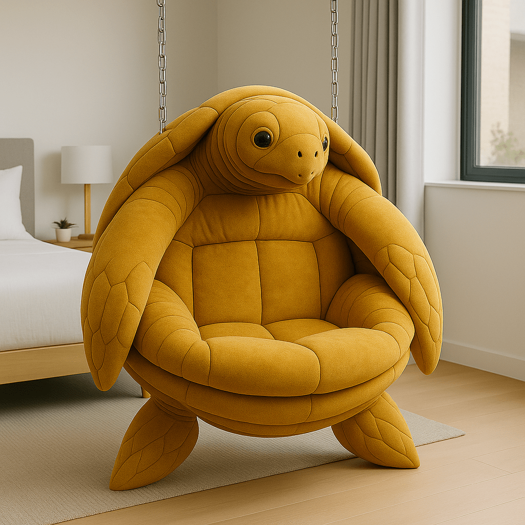 Oversized mustard yellow turtle-shaped hanging chair in a modern bedroom setting