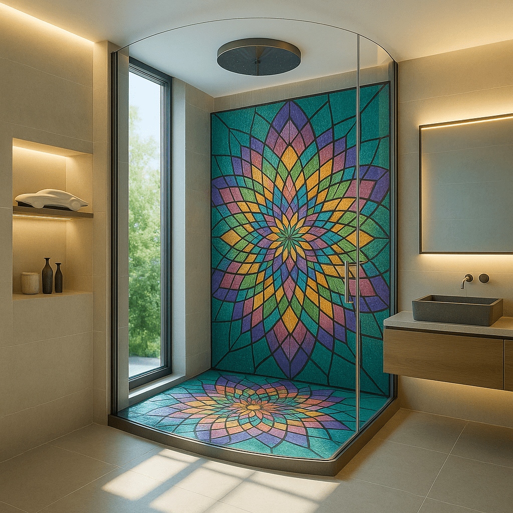 Curved glass shower with multicolour petal design in purples, greens, and blues