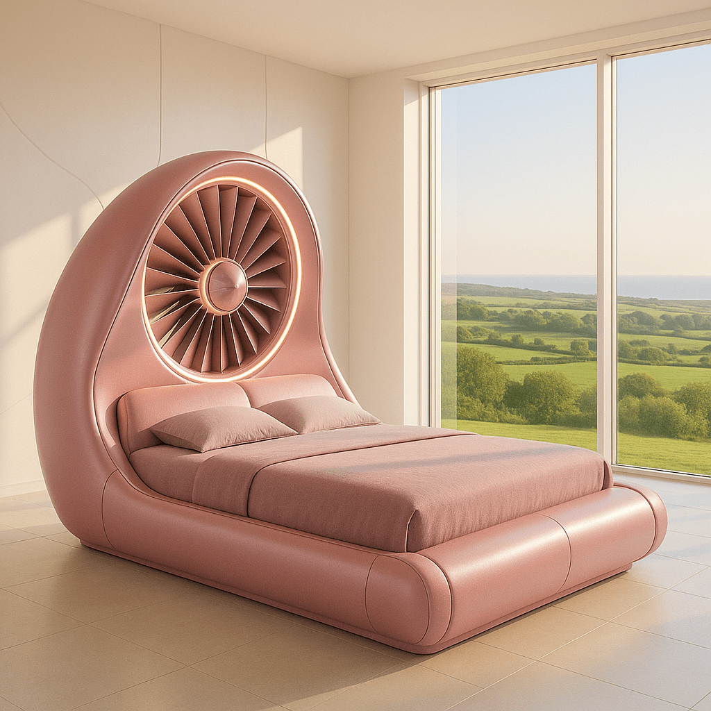 Feminine blush pink bed with curved frame and fan-themed design in a bright and minimal interior