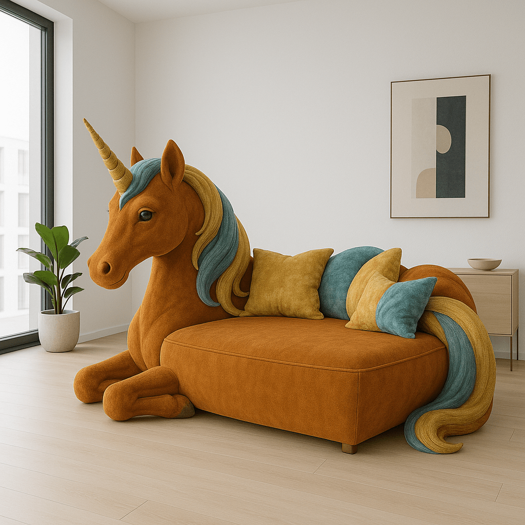Cosy unicorn-shaped plush sofa in amber and teal colours with decorative cushions in a modern room.