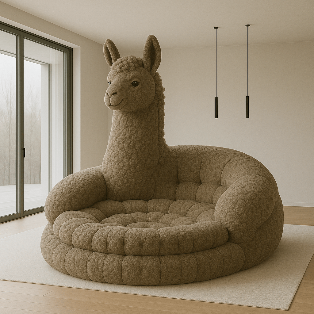 Cosy oversized brown llama-shaped armchair in a minimalist living room with wooden floors and large windows.