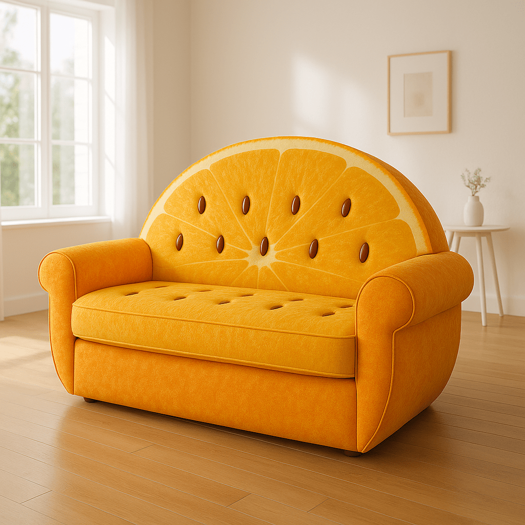Bright orange sofa with backrest resembling a juicy orange slice with pip details