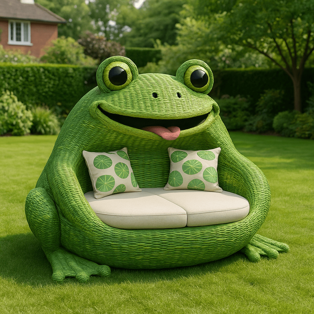 Whimsical green frog-shaped outdoor sofa with cream seating and green patterned cushions in a sunny garden.