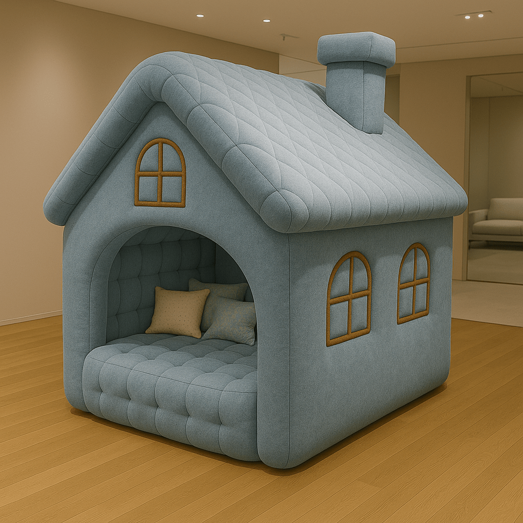 Blue house-shaped cosy lounge sofa with tufted cushions and window accents in a light, modern setting