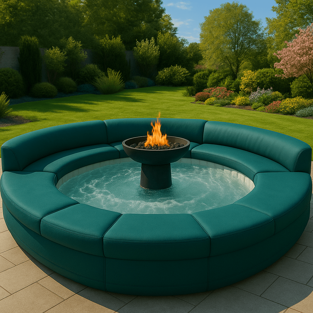 Luxury teal circular hot tub lounge with integrated fire pit in a sunny garden setting