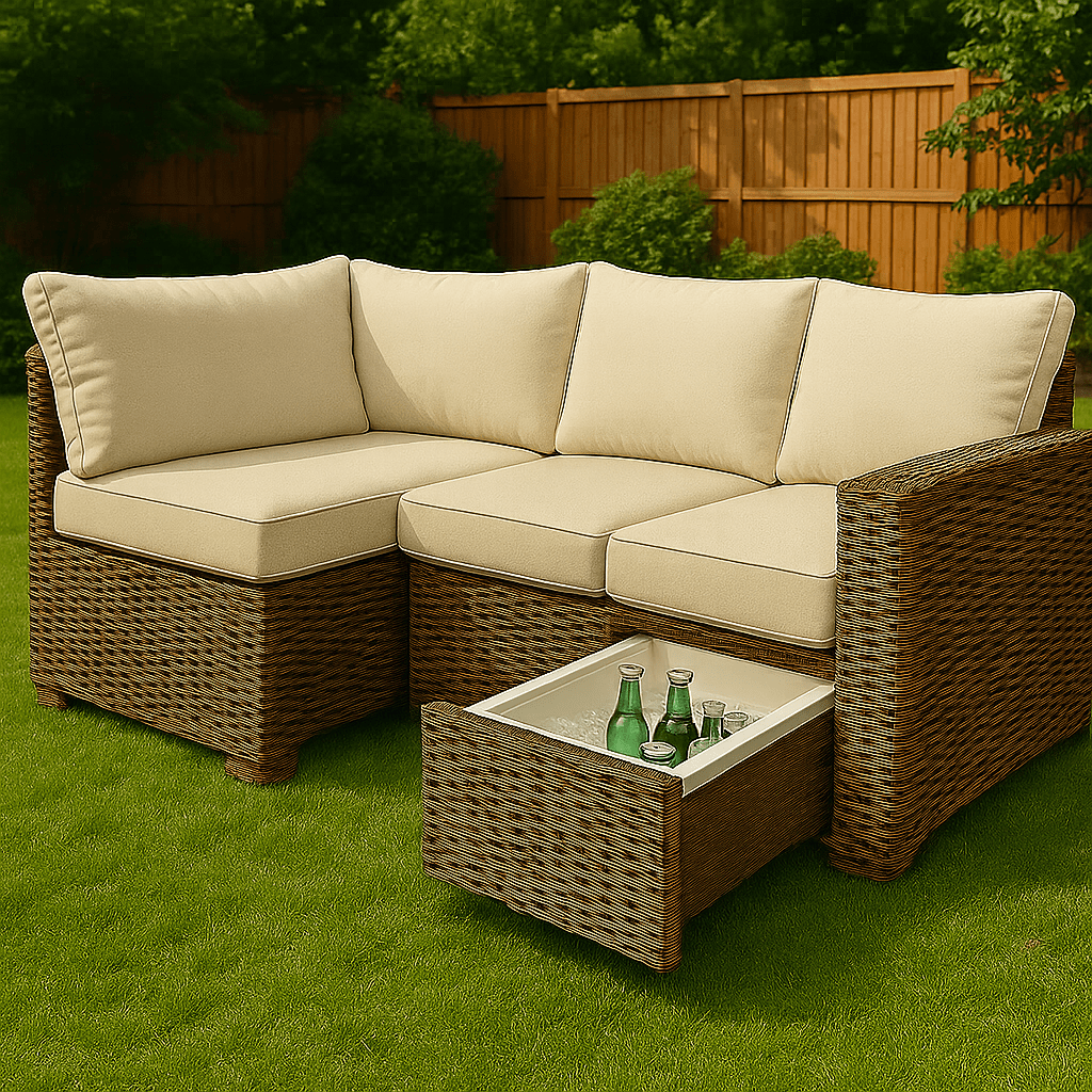 Outdoor beige cushioned rattan sofa with pull-out cooler drawer holding drinks on a green lawn.