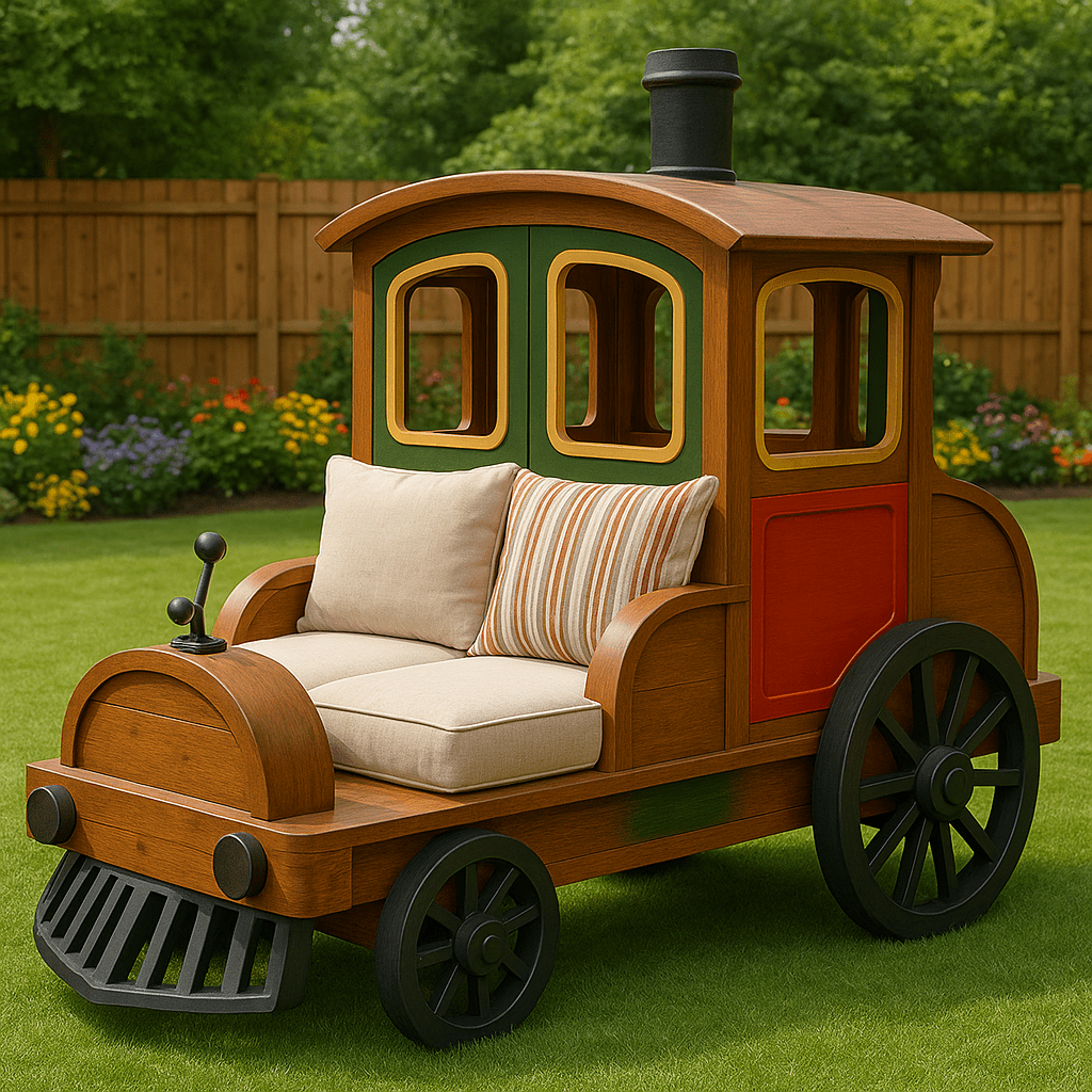 Wooden train-shaped outdoor sofa featuring green and red panels with beige and striped cushions in a garden.