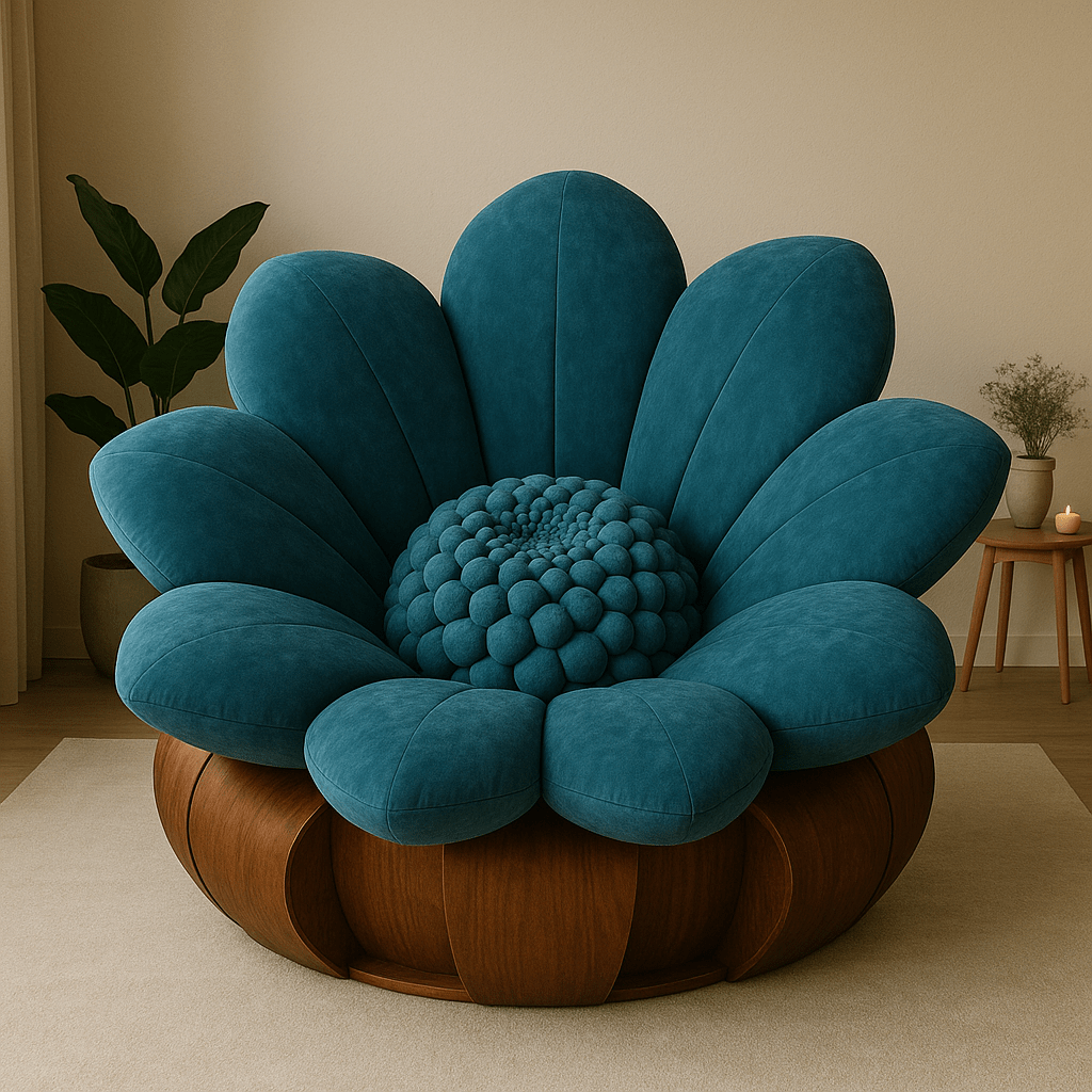Teal oversized flower-shaped armchair with plush petals and a wooden base in a cosy living space.