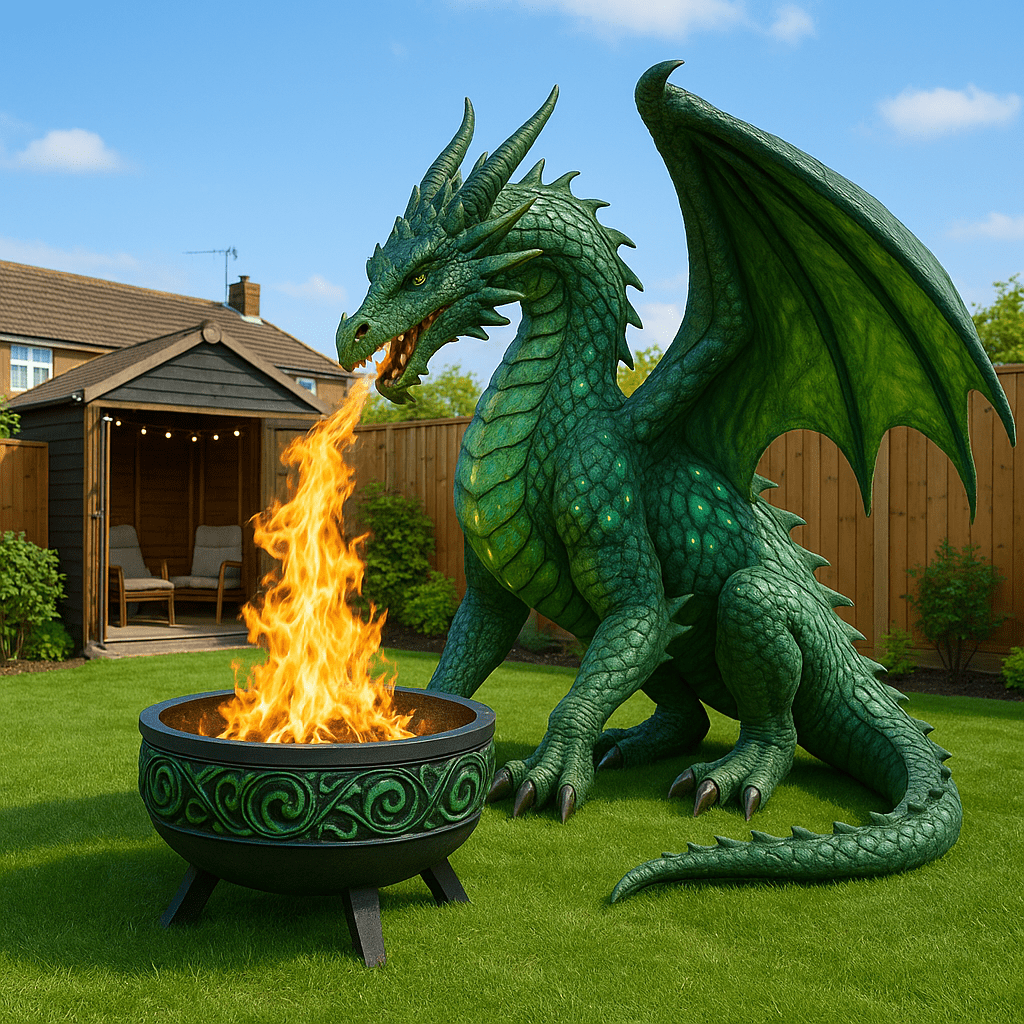  Large green dragon beside a decorative firepit in a landscaped garden with wooden gazebo in the background.