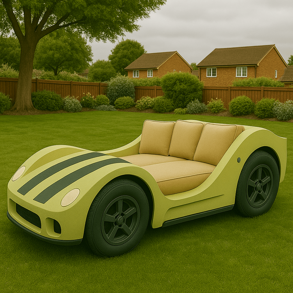 Lime green racing car-style outdoor sofa with black stripes on a suburban lawn