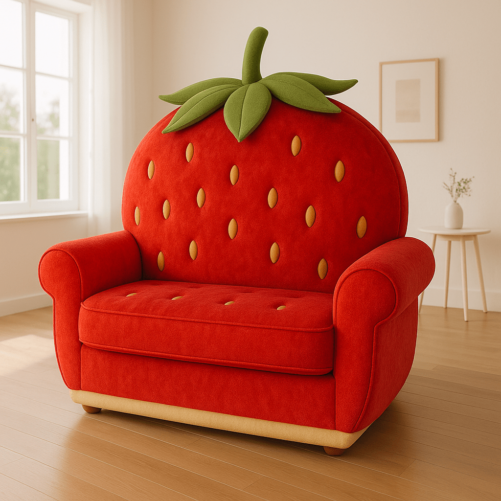 Plush red sofa shaped like a strawberry with leaf details and golden seed embellishments