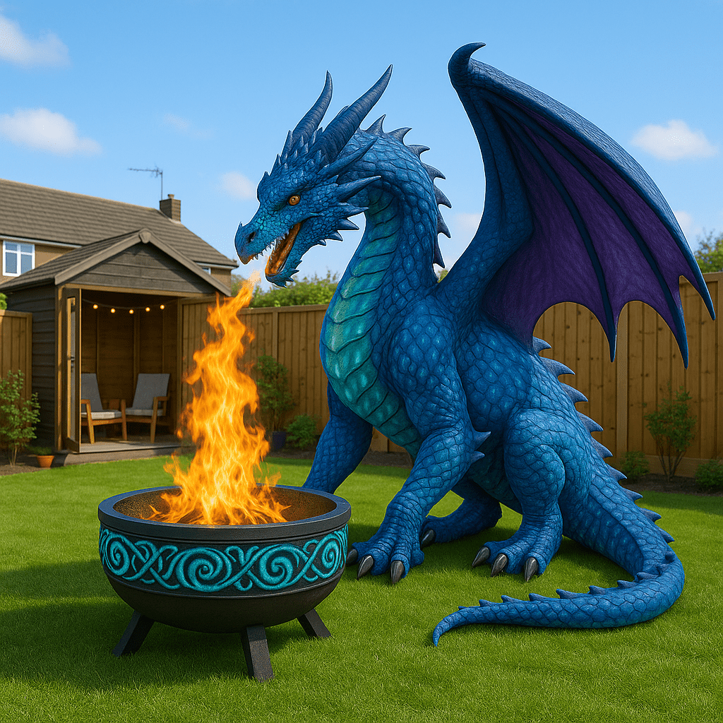 Oversized blue dragon sculpture appearing to breathe fire into an aqua-accented firepit in a sunny British garden.