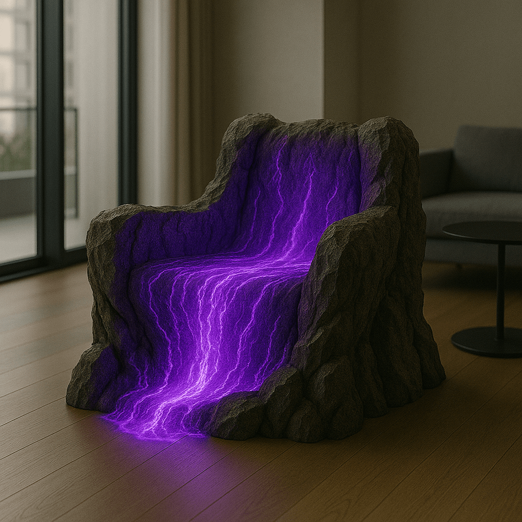 Fantasy stone chair with glowing purple lightning design cascading from seat to floor