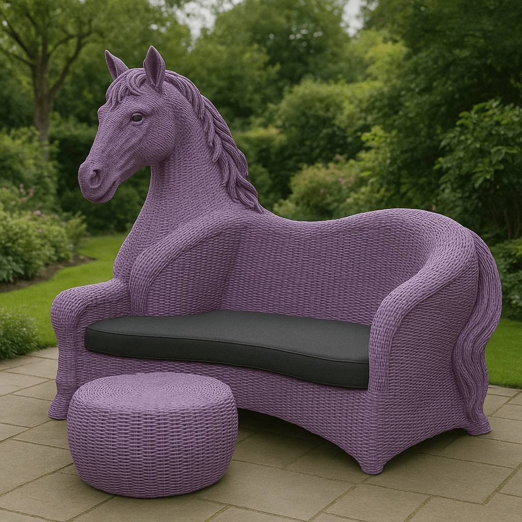 Outdoor purple horse-shaped rattan sofa with black cushion and matching footstool on a garden patio