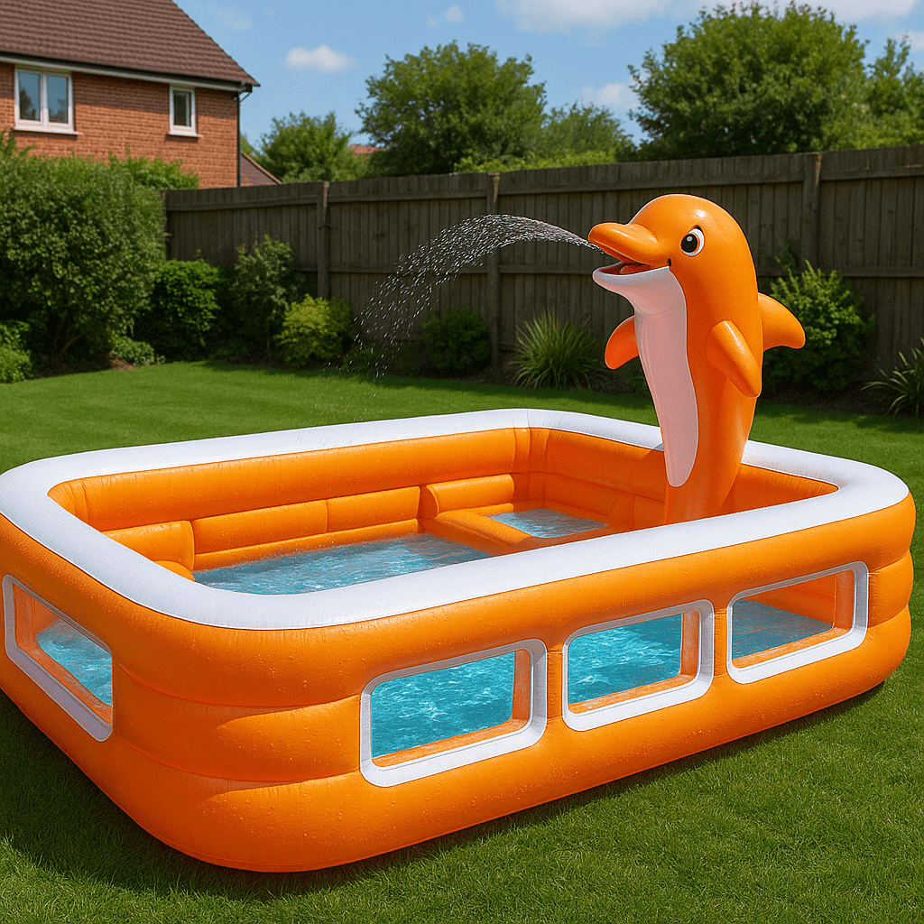 Inflatable orange dolphin paddling pool with built-in seating and dolphin water fountain in a sunny garden.