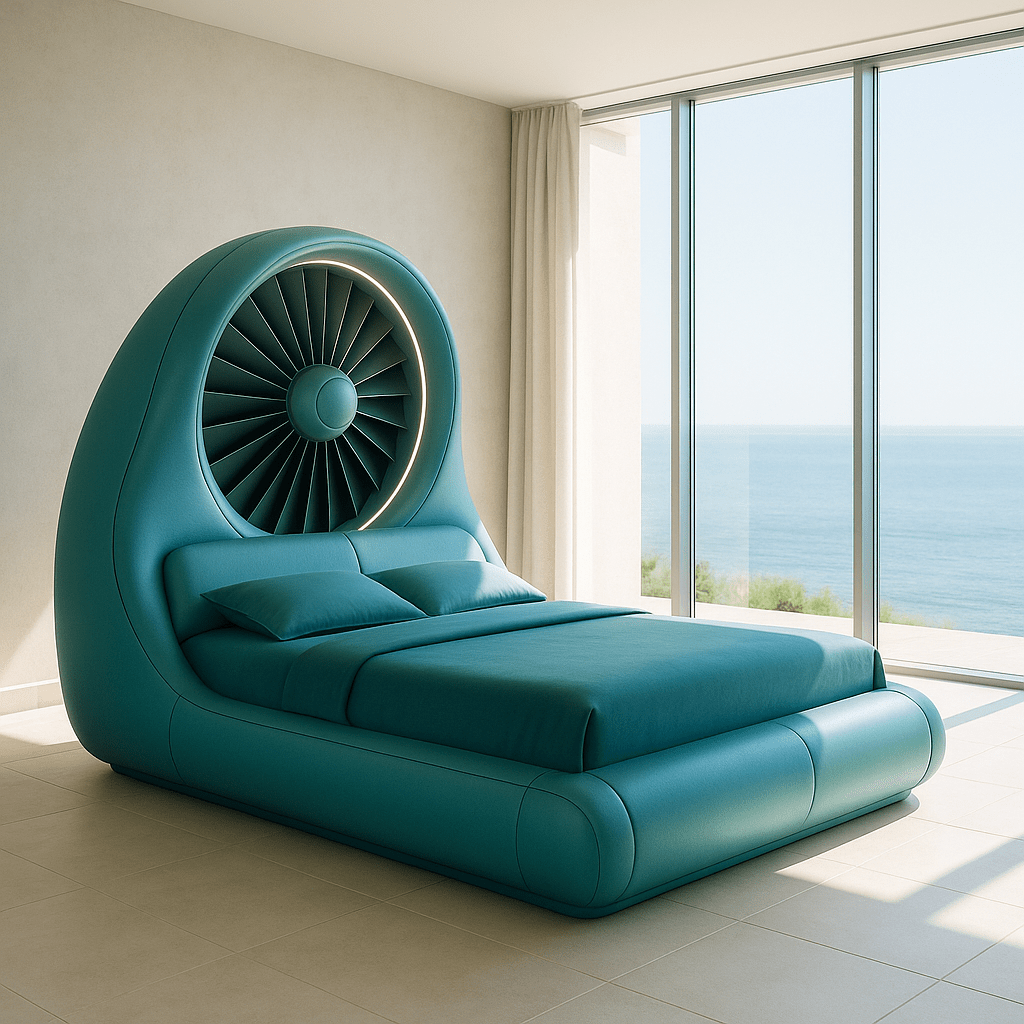  Bold teal bed with artistic fan design and LED backlight, overlooking a serene ocean view