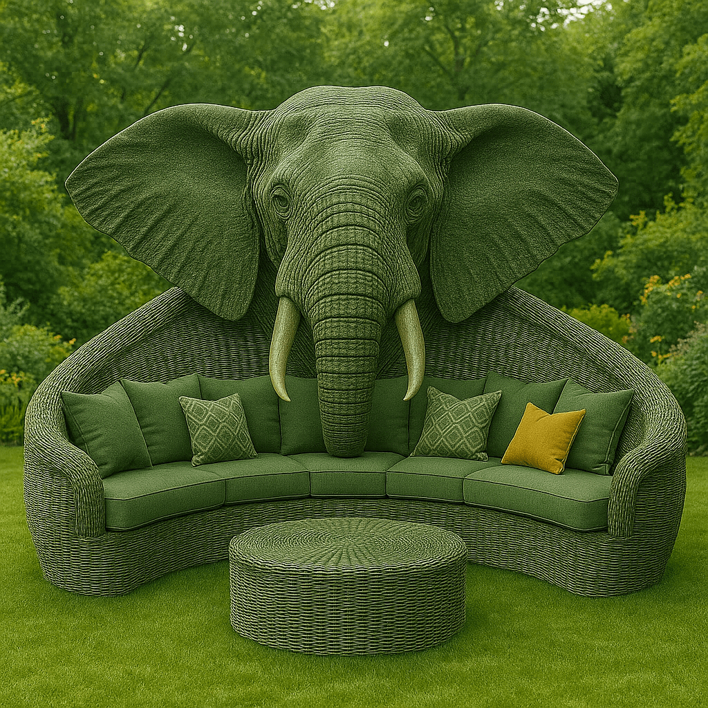 Green elephant-themed garden sofa with matching cushions and a mustard accent pillow