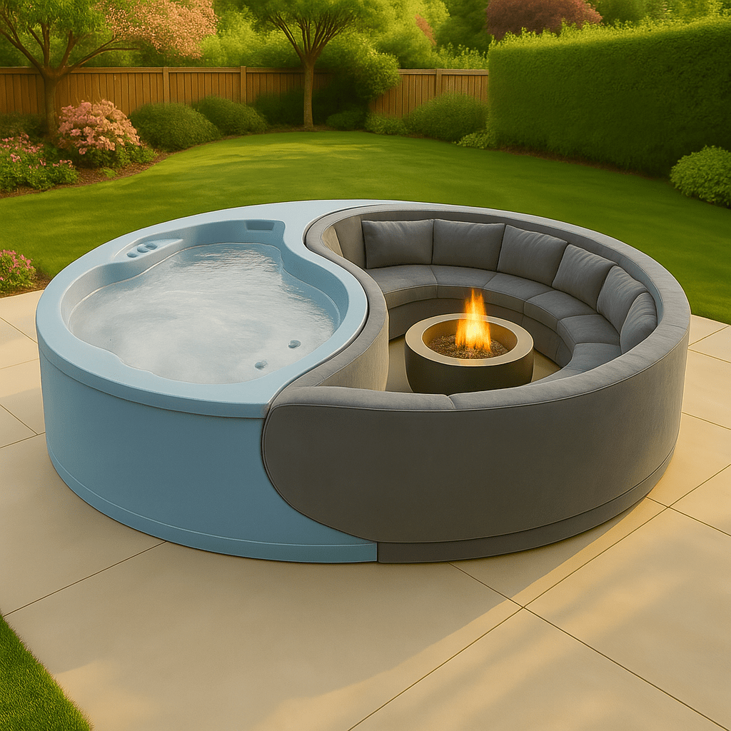  Sky blue and charcoal grey Yin-Yang shaped garden sofa with fire pit and hot tub combination.