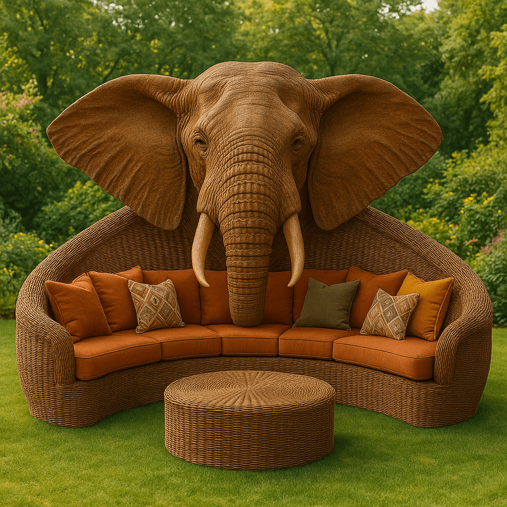 Curved terracotta garden sofa with elephant head backrest and orange cushions on green lawn