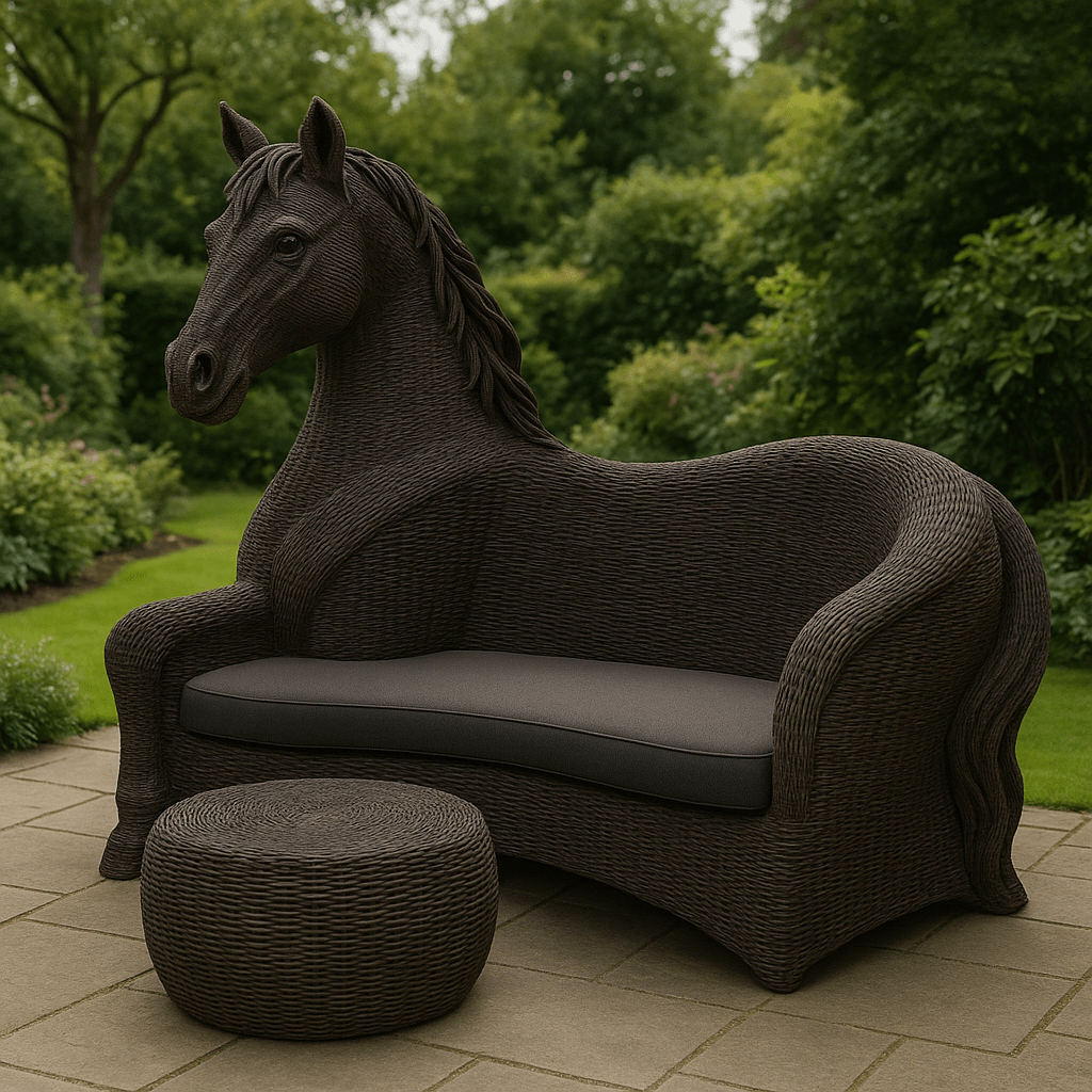 Stylish black horse-shaped rattan garden sofa with grey cushion and matching footstool on a stone patio in a green garden setting