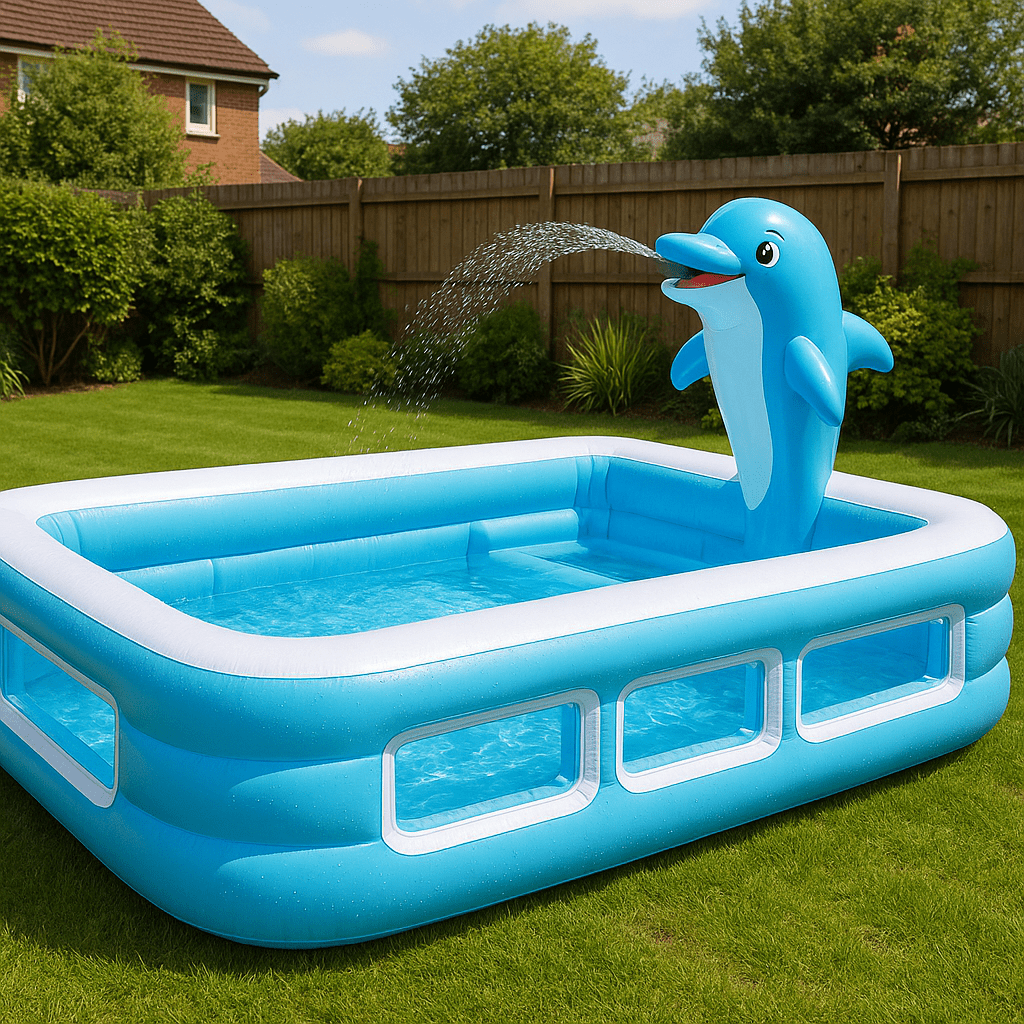 Inflatable blue dolphin paddling pool featuring a dolphin water fountain and clear side windows in a garden.